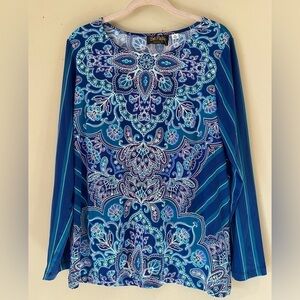 Bob Mackie Blue Pattern Placement Top M NWT
